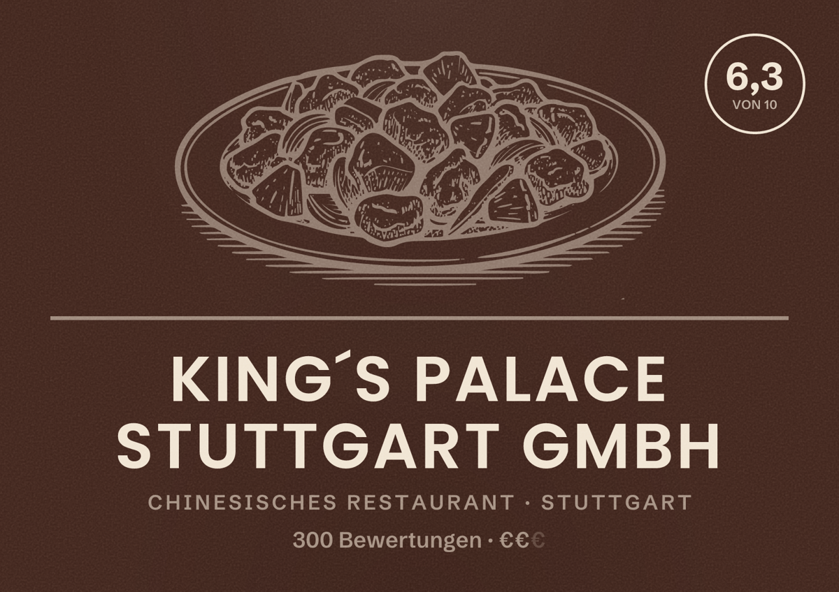 Illustriertes Poster von King´s Palace Stuttgart GmbH, Chinesisches Restaurant in Stuttgart: Bewertung 6,3 von 10 aus 300 Bewertungen, Preisniveau €€