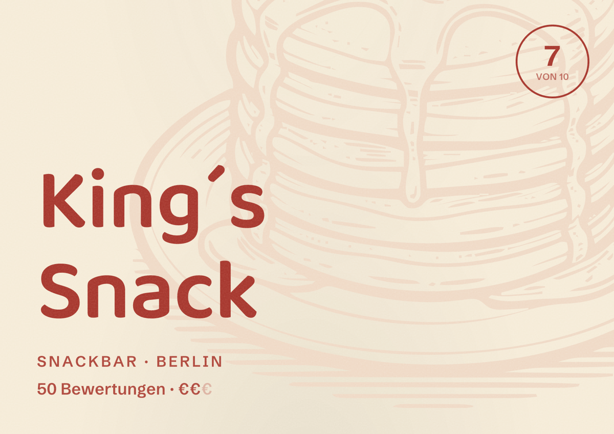 Illustriertes Poster von King´s Snack, Snackbar in Berlin: Bewertung 7,0 von 10 aus 50 Bewertungen, Preisniveau €€