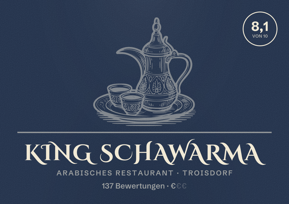Illustriertes Poster von King Schawarma, Arabisches Restaurant in Troisdorf: Bewertung 8,1 von 10 aus 137 Bewertungen, Preisniveau €