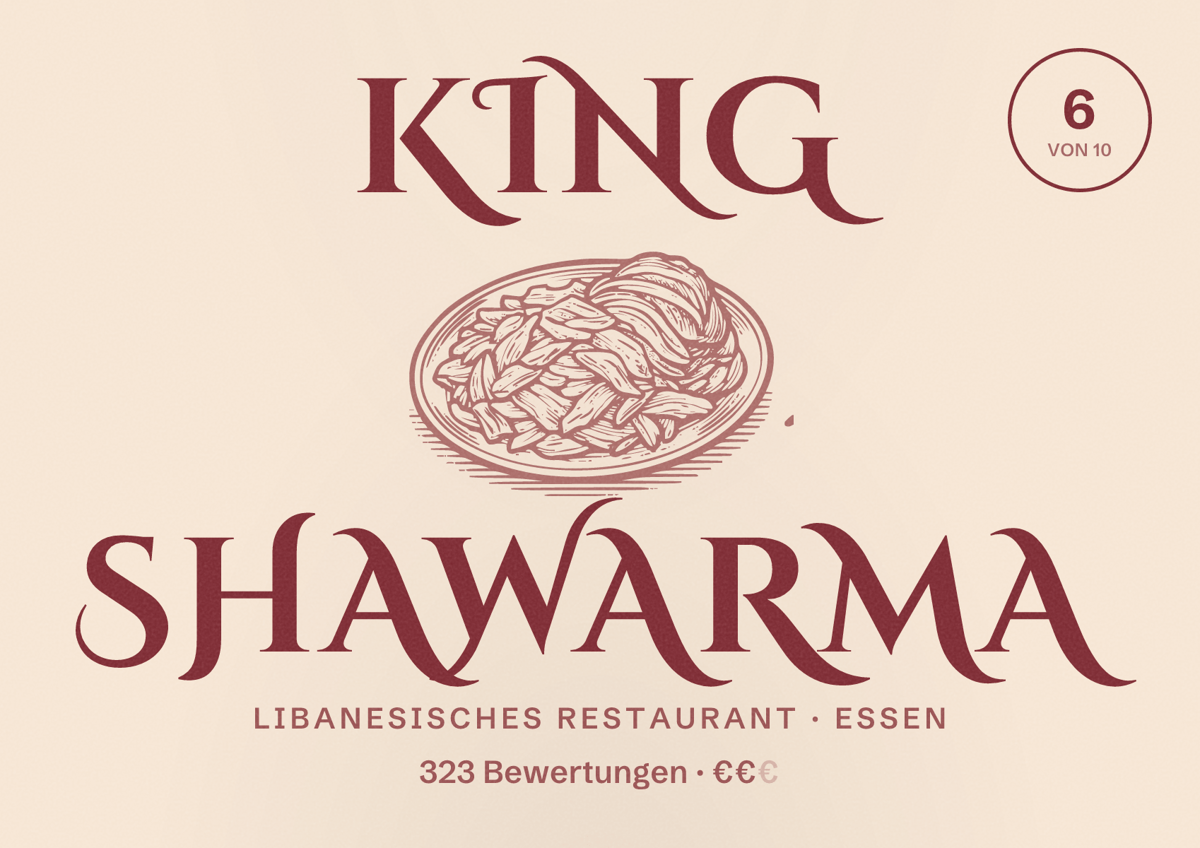 Illustriertes Poster von King Shawarma, Libanesisches Restaurant in Essen: Bewertung 6 von 10 aus 323 Bewertungen, Preisniveau €€