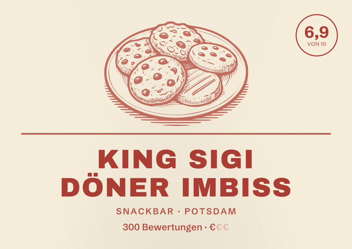 Illustriertes Poster von King Sigi Döner Imbiss, Snackbar in Potsdam: Bewertung 6,9 von 10 aus 300 Bewertungen, Preisniveau €