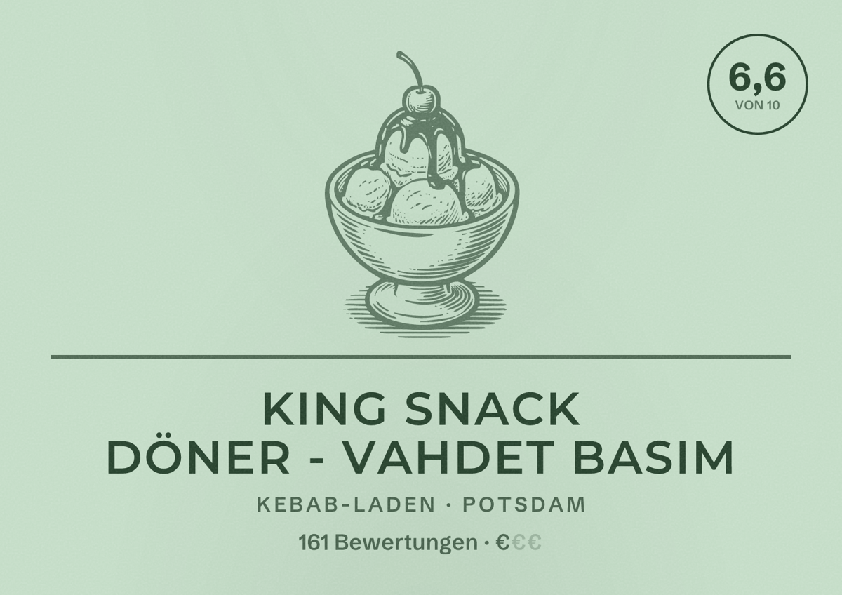 Illustriertes Poster von King Snack Döner - Vahdet Basim, Kebab-Laden in Potsdam: Bewertung 6,6 von 10 aus 161 Bewertungen, Preisniveau €