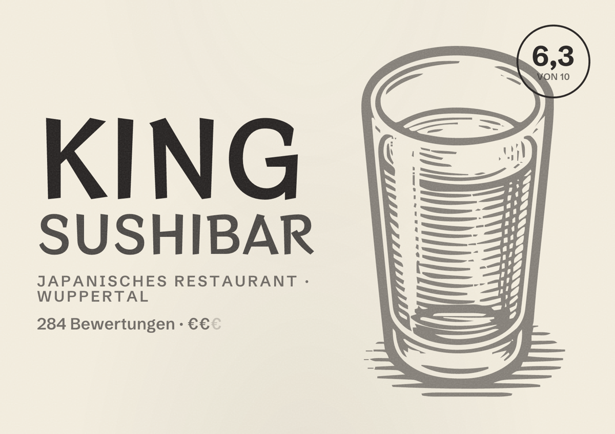 Illustriertes Poster von King Sushibar, Japanisches Restaurant in Wuppertal: Bewertung 6,3 von 10 aus 284 Bewertungen, Preisniveau €€