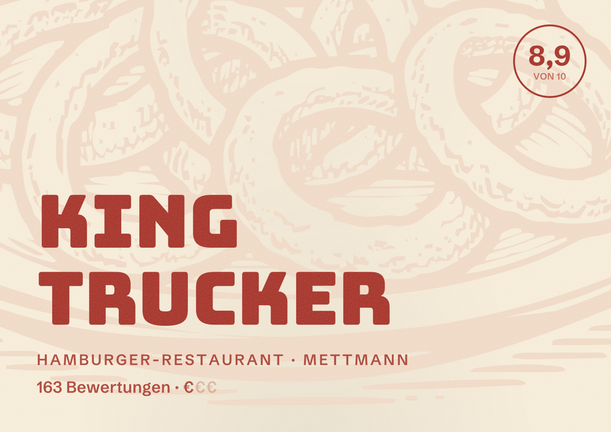 Illustriertes Poster von King Trucker, Hamburger-Restaurant in Mettmann: Bewertung 8,9 von 10 aus 163 Bewertungen, Preisniveau €