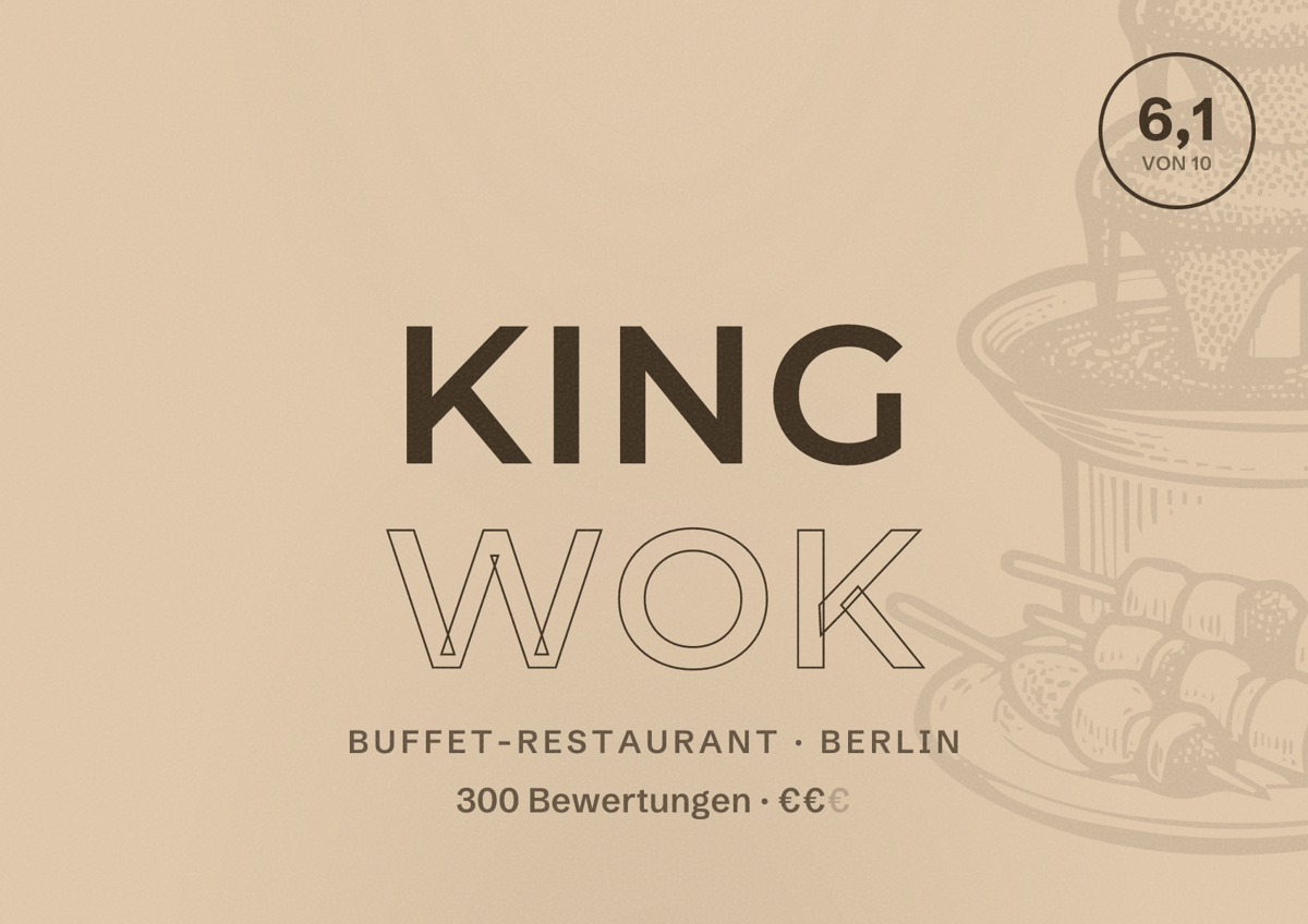 Illustriertes Poster von King Wok, Buffet-Restaurant in Berlin: Bewertung 6,1 von 10 aus 300 Bewertungen, Preisniveau €€