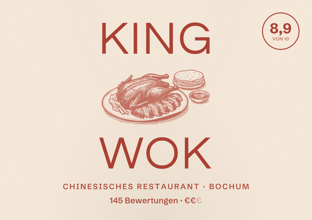 Illustriertes Poster von King Wok, Chinesisches Restaurant in Bochum: Bewertung 8,9 von 10 aus 145 Bewertungen, Preisniveau €€