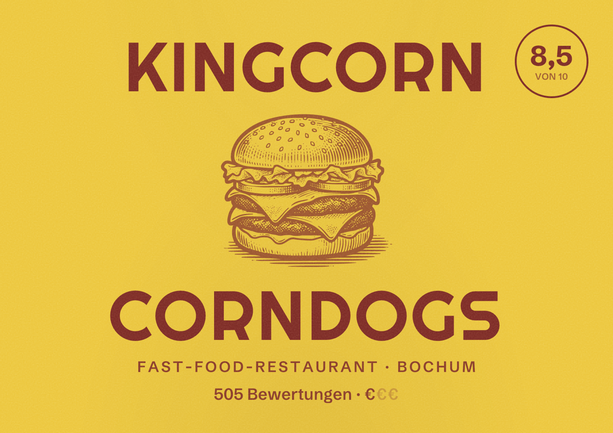 Illustriertes Poster von Kingcorn Corndogs, Fast-Food-Restaurant in Bochum: Bewertung 8,5 von 10 aus 505 Bewertungen, Preisniveau €