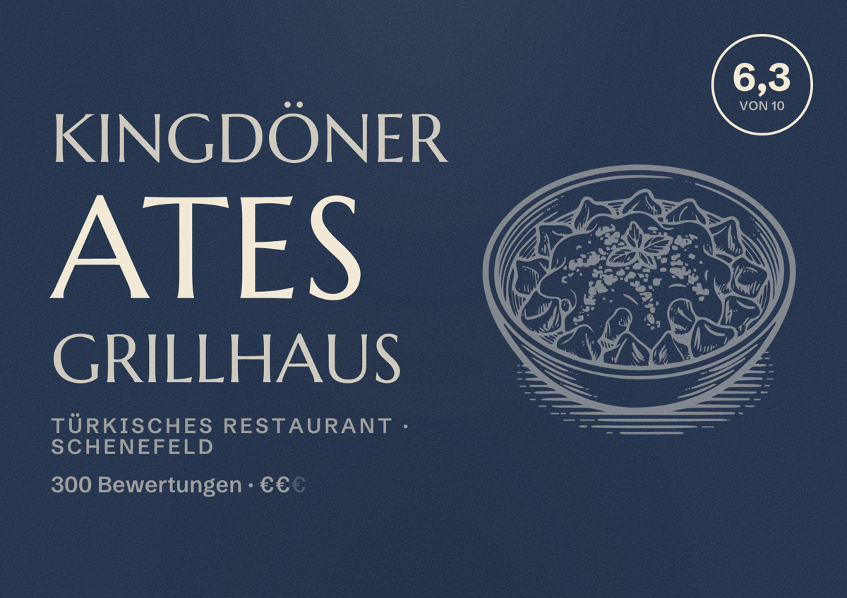 Illustriertes Poster von Kingdöner Ates Grillhaus, Türkisches Restaurant in Schenefeld: Bewertung 6,3 von 10 aus 300 Bewertungen, Preisniveau €€