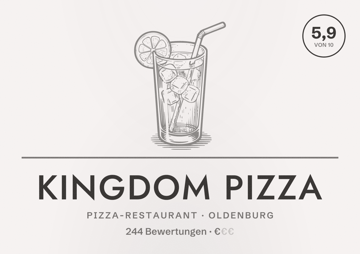 Illustriertes Poster von Kingdom Pizza, Pizza-Restaurant in Oldenburg: Bewertung 5,9 von 10 aus 244 Bewertungen, Preisniveau €