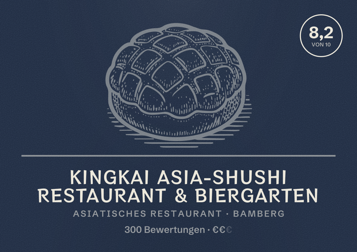 Illustriertes Poster von KingKai Asia-Shushi Restaurant & Biergarten, Asiatisches Restaurant in Bamberg: Bewertung 8,2 von 10 aus 300 Bewertungen, Preisniveau €€