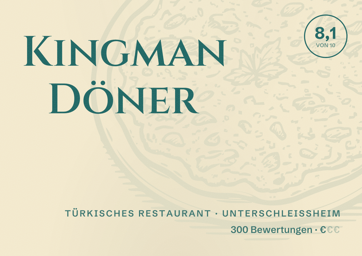Illustriertes Poster von Kingman Döner, Türkisches Restaurant in Unterschleißheim: Bewertung 8,1 von 10 aus 300 Bewertungen, Preisniveau €