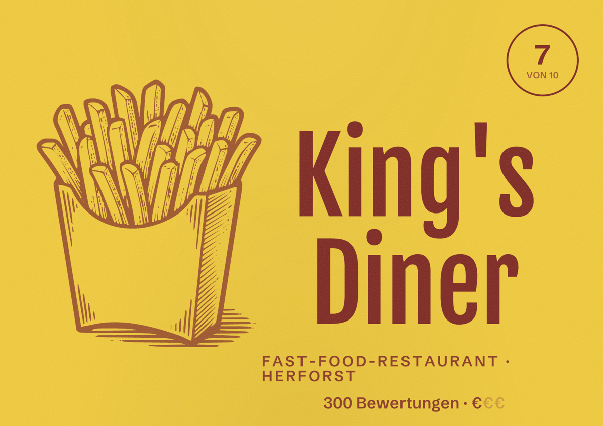 Illustriertes Poster von King's Diner, Fast-Food-Restaurant in Herforst: Bewertung 7 von 10 aus 300 Bewertungen, Preisniveau €