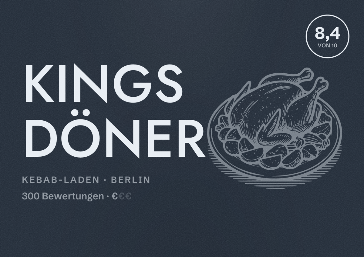Illustriertes Poster von Kings Döner, Kebab-Laden in Berlin: Bewertung 8,4 von 10 aus 300 Bewertungen, Preisniveau €