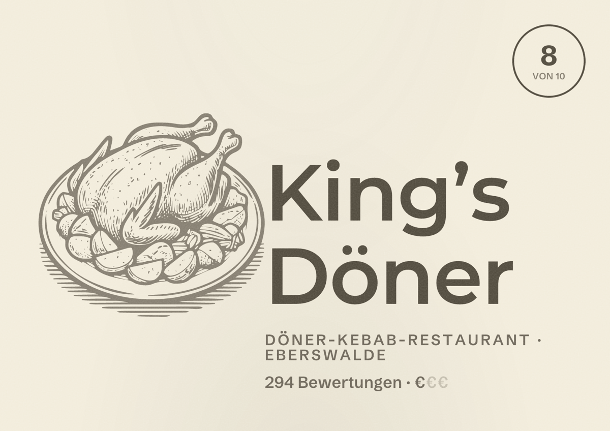 Illustriertes Poster von King’s Döner, Döner-Kebab-Restaurant in Eberswalde: Bewertung 8 von 10 aus 294 Bewertungen, Preisniveau €