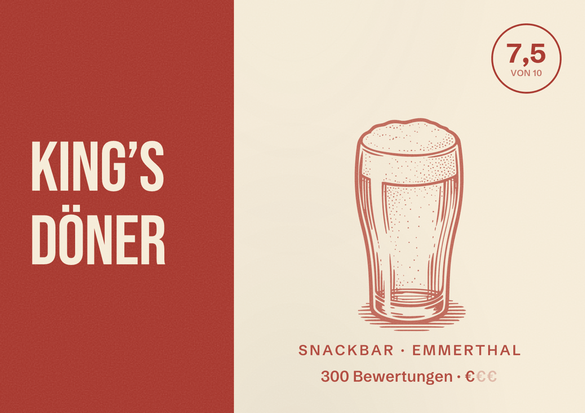 Illustriertes Poster von King’s Döner, Snackbar in Emmerthal: Bewertung 7,5 von 10 aus 300 Bewertungen, Preisniveau €