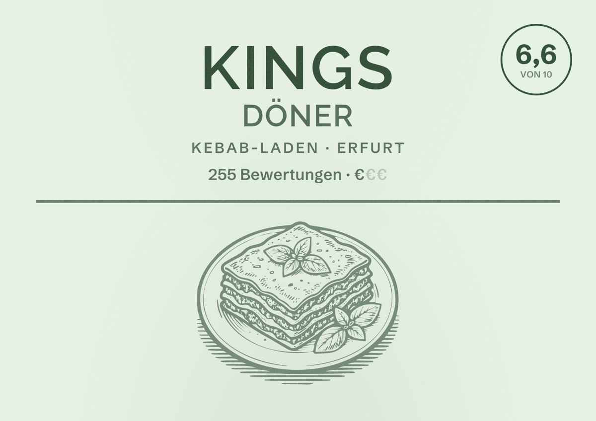 Illustriertes Poster von Kings Döner, Kebab-Laden in Erfurt: Bewertung 6,6 von 10 aus 255 Bewertungen, Preisniveau €