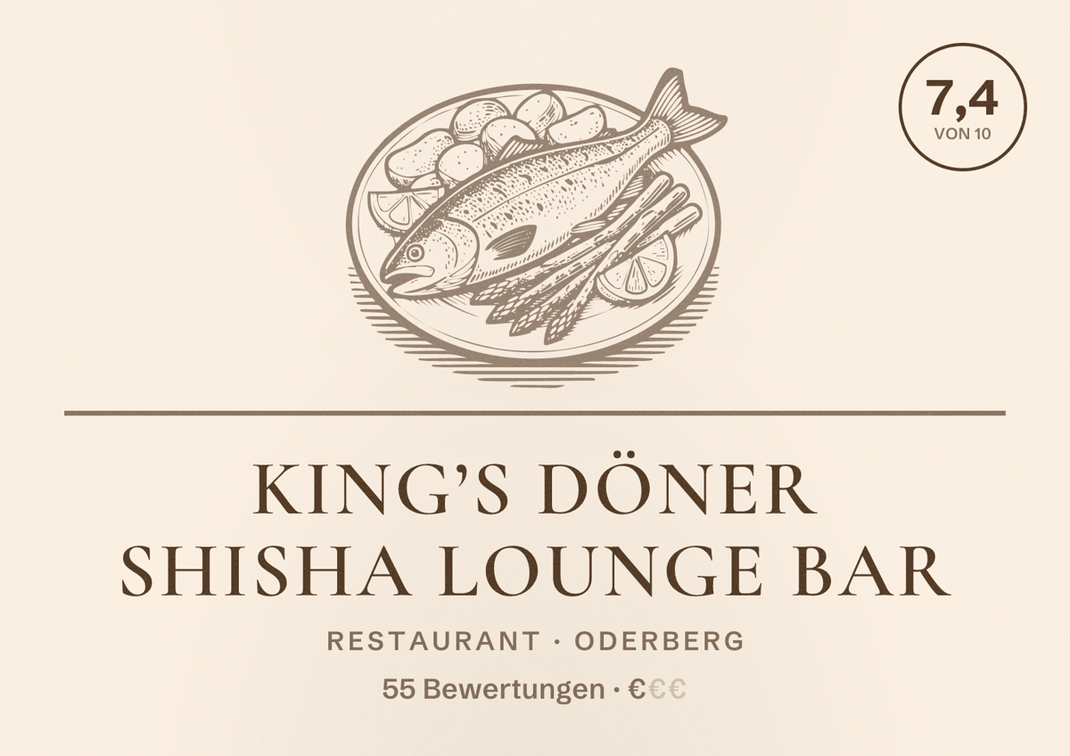 Illustriertes Poster von King’s Döner Shisha Lounge Bar, Restaurant in Oderberg: Bewertung 7,4 von 10 aus 55 Bewertungen, Preisniveau €