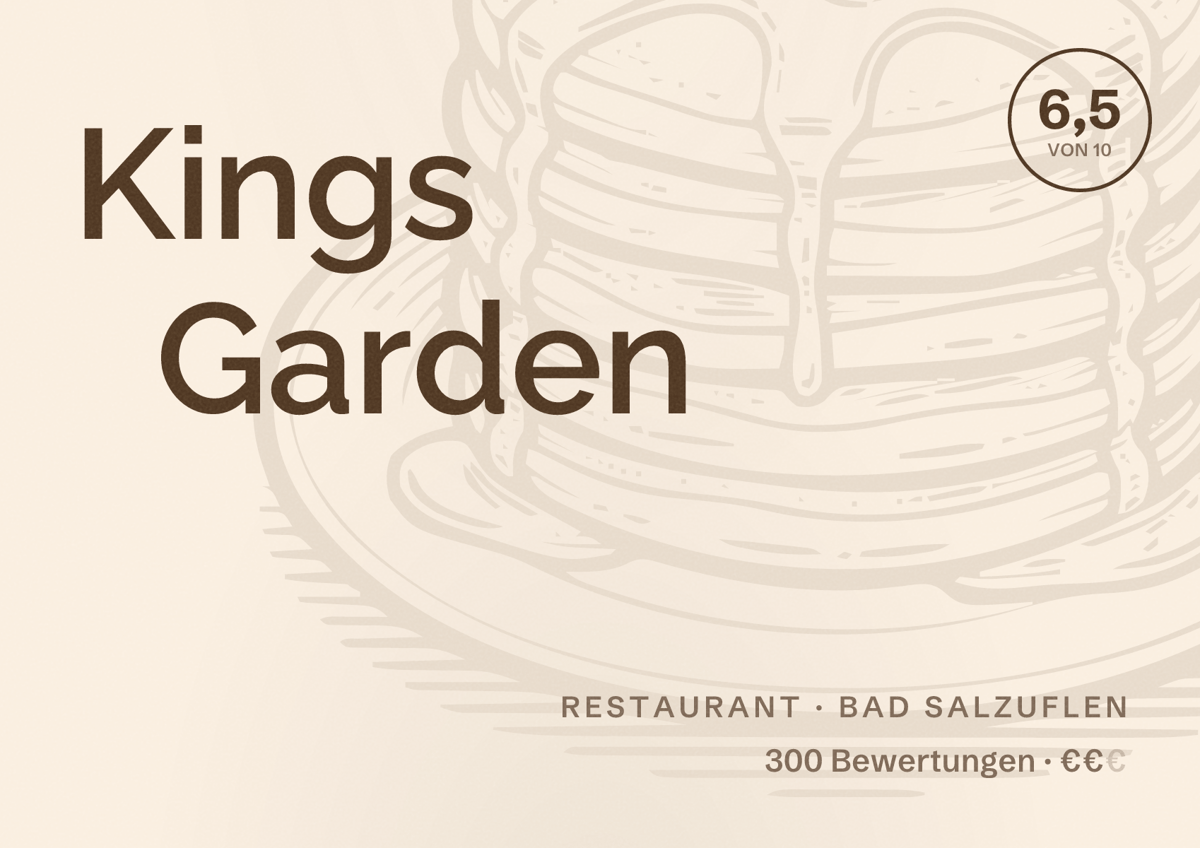 Illustriertes Poster von Kings Garden, Restaurant in Bad Salzuflen: Bewertung 6,5 von 10 aus 300 Bewertungen, Preisniveau €€