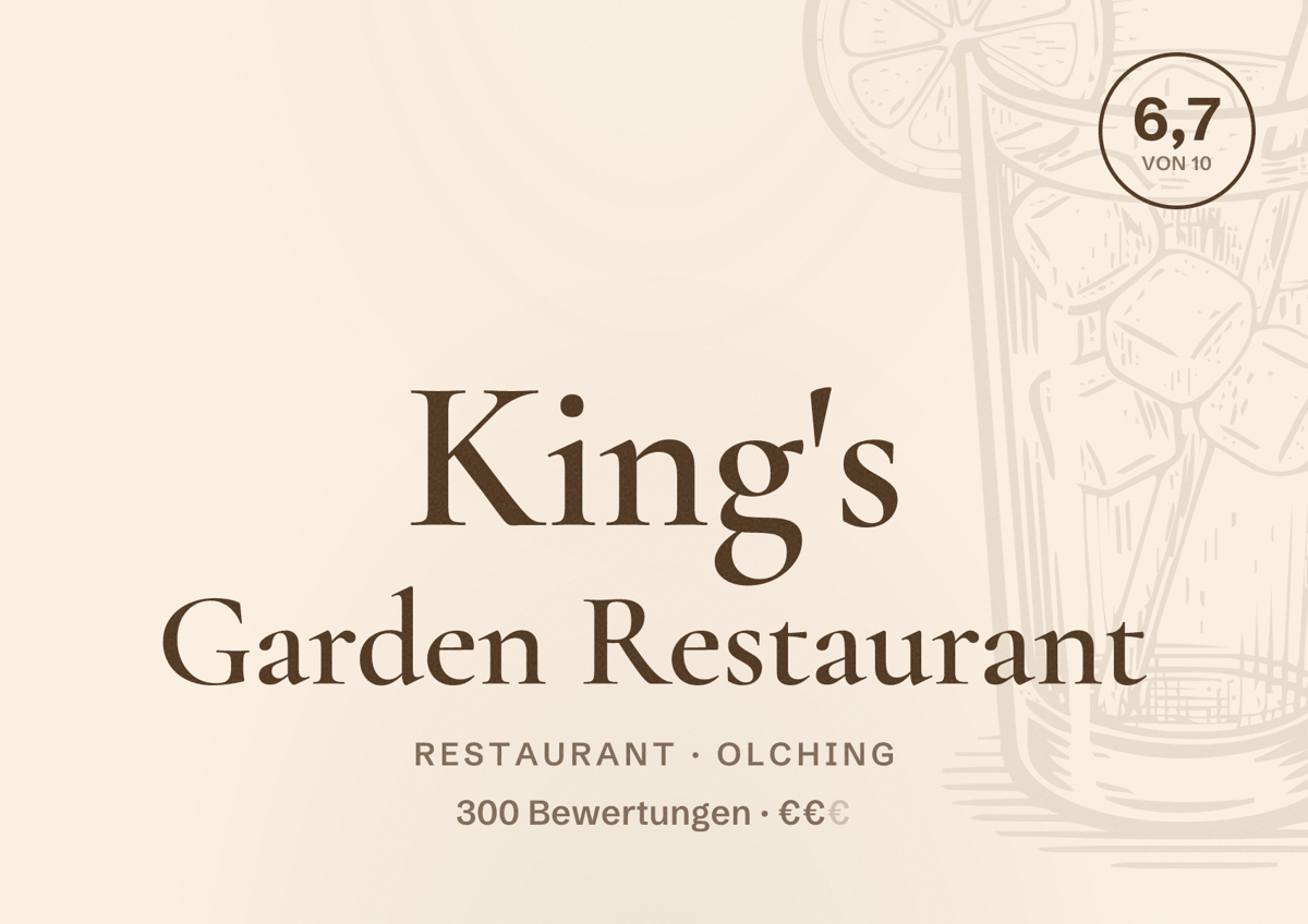 Illustriertes Poster von King's Garden Restaurant, Restaurant in Olching: Bewertung 6,7 von 10 aus 300 Bewertungen, Preisniveau €€