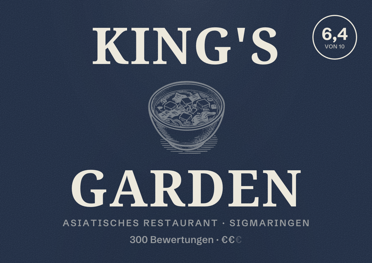 Illustriertes Poster von King's Garden, Asiatisches Restaurant in Sigmaringen: Bewertung 6,4 von 10 aus 300 Bewertungen, Preisniveau €€