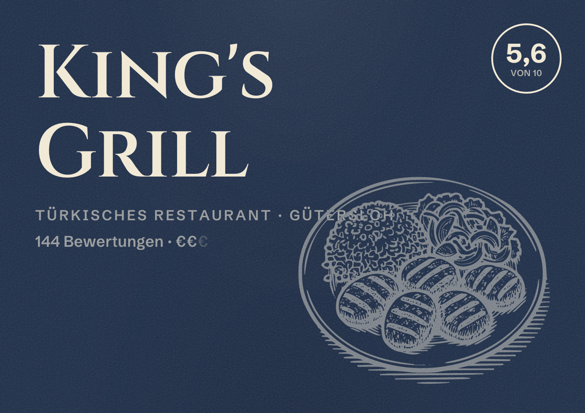 Illustriertes Poster von King's Grill, Türkisches Restaurant in Gütersloh: Bewertung 5,6 von 10 aus 144 Bewertungen, Preisniveau €€