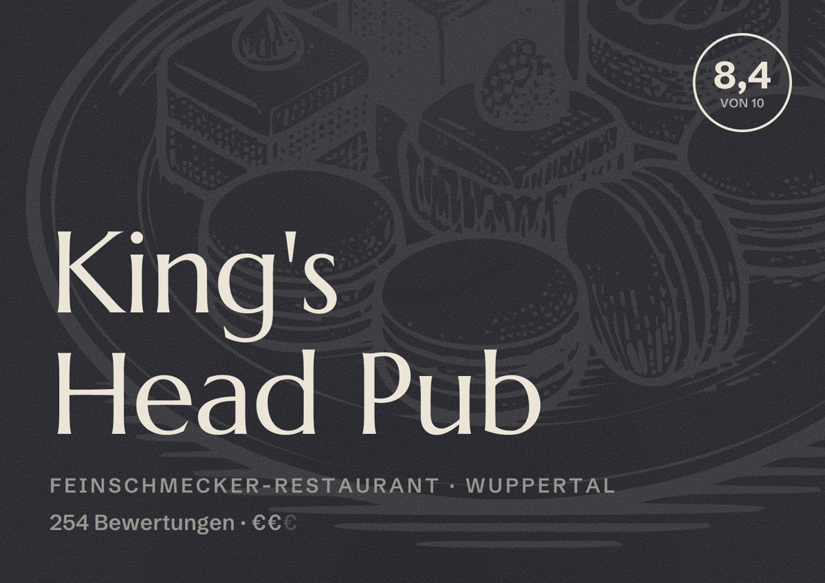 Illustriertes Poster von King's Head Pub, Feinschmecker-Restaurant in Wuppertal: Bewertung 8,4 von 10 aus 254 Bewertungen, Preisniveau €€