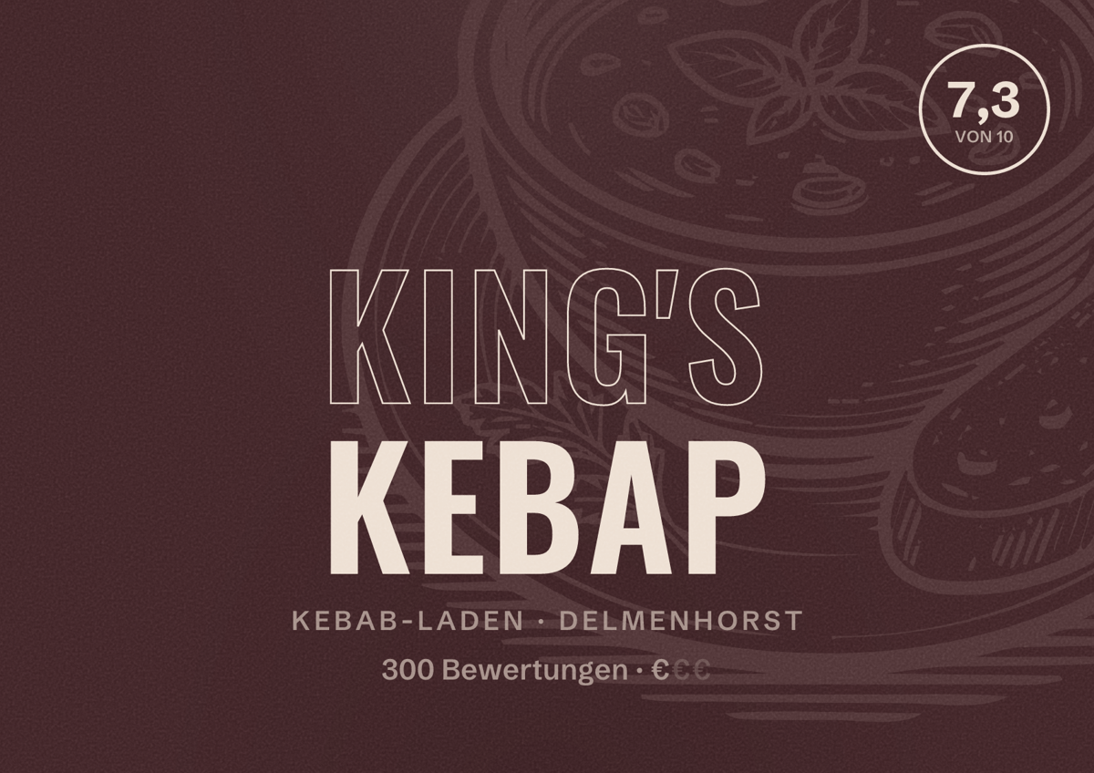 Illustriertes Poster von King's Kebap, Kebab-Laden in Delmenhorst: Bewertung 7,3 von 10 aus 300 Bewertungen, Preisniveau €