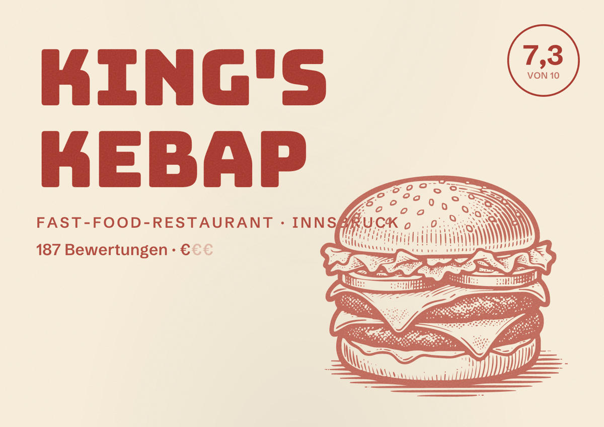 Illustriertes Poster von King's Kebap, Fast-Food-Restaurant in Innsbruck: Bewertung 7,3 von 10 aus 187 Bewertungen, Preisniveau €