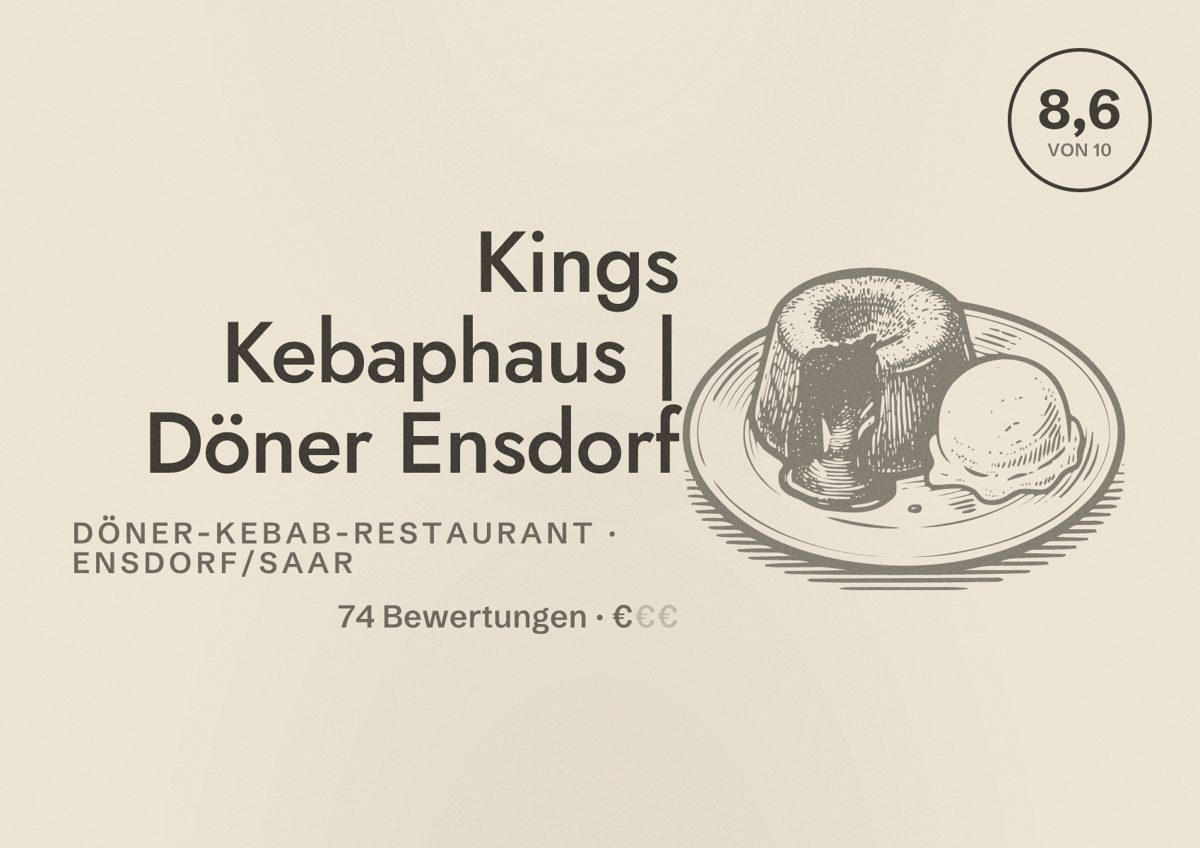 Illustriertes Poster von Kings Kebaphaus | Döner Ensdorf, Döner-Kebab-Restaurant in Ensdorf/Saar: Bewertung 8,6 von 10 aus 74 Bewertungen, Preisniveau €