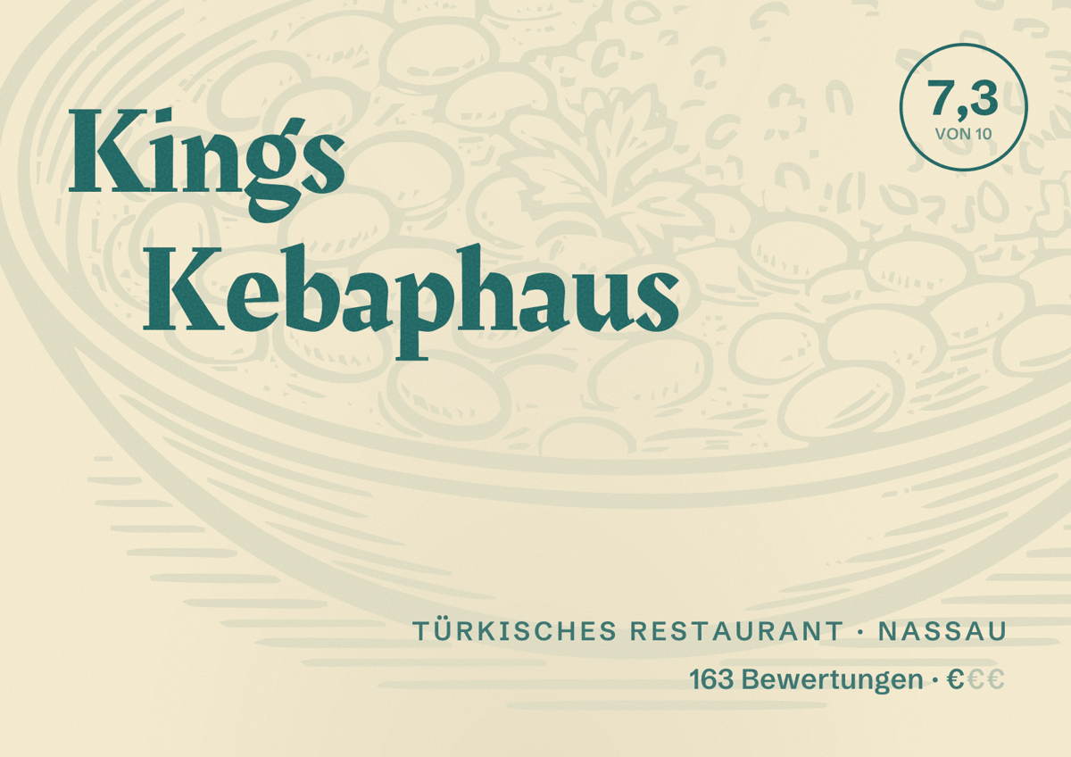 Illustriertes Poster von Kings Kebaphaus, Türkisches Restaurant in Nassau: Bewertung 7,3 von 10 aus 163 Bewertungen, Preisniveau €
