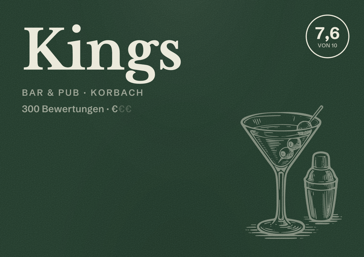 Illustriertes Poster von Kings, Bar & Pub in Korbach: Bewertung 7,6 von 10 aus 300 Bewertungen, Preisniveau €