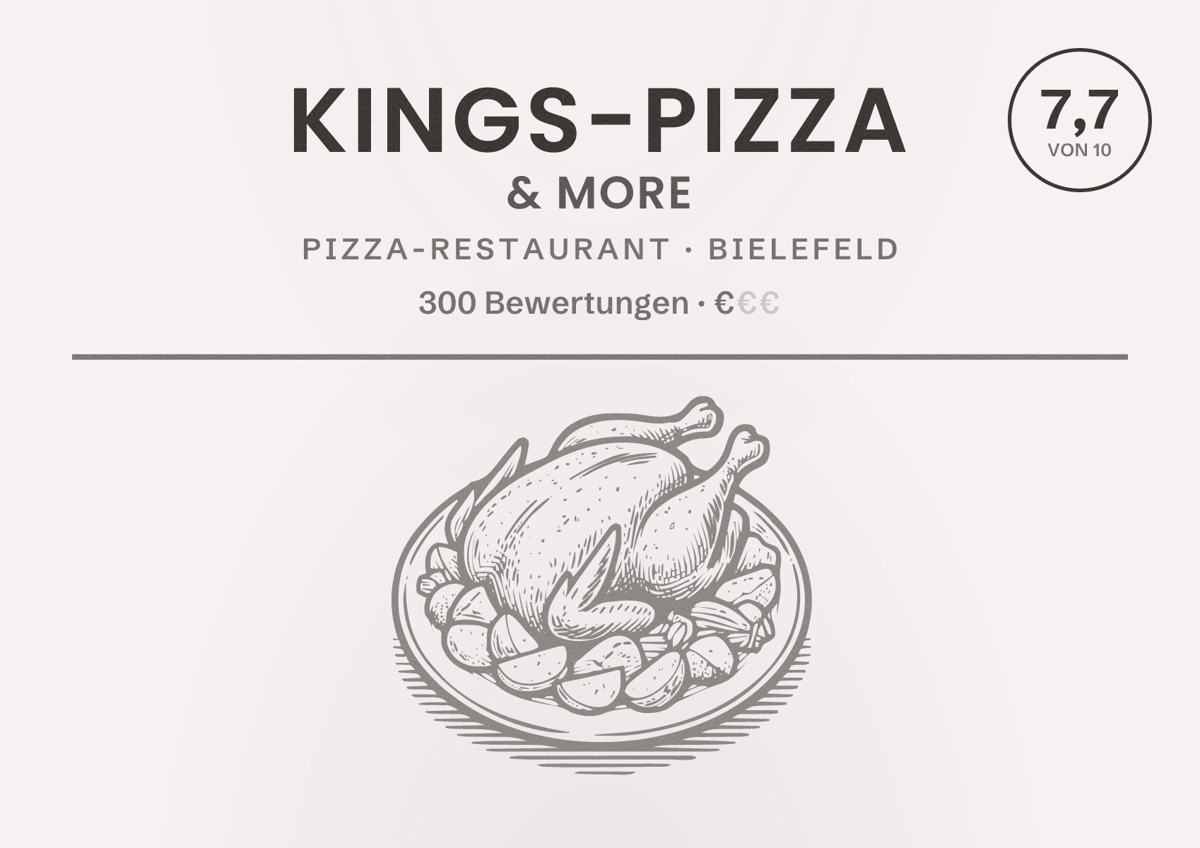 Illustriertes Poster von Kings-Pizza & More, Pizza-Restaurant in Bielefeld: Bewertung 7,7 von 10 aus 300 Bewertungen, Preisniveau €