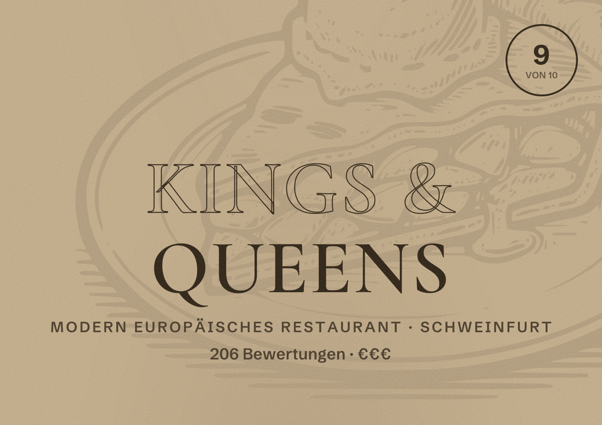 Illustriertes Poster von Kings & Queens, Modern europäisches Restaurant in Schweinfurt: Bewertung 9 von 10 aus 206 Bewertungen, Preisniveau €€€