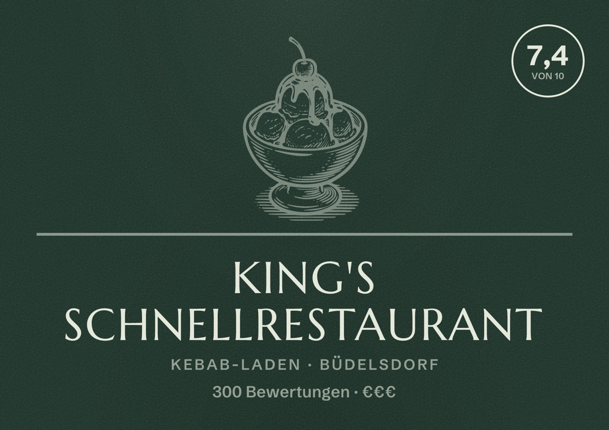 Illustriertes Poster von King's Schnellrestaurant, Kebab-Laden in Büdelsdorf: Bewertung 7,4 von 10 aus 300 Bewertungen, Preisniveau €€€