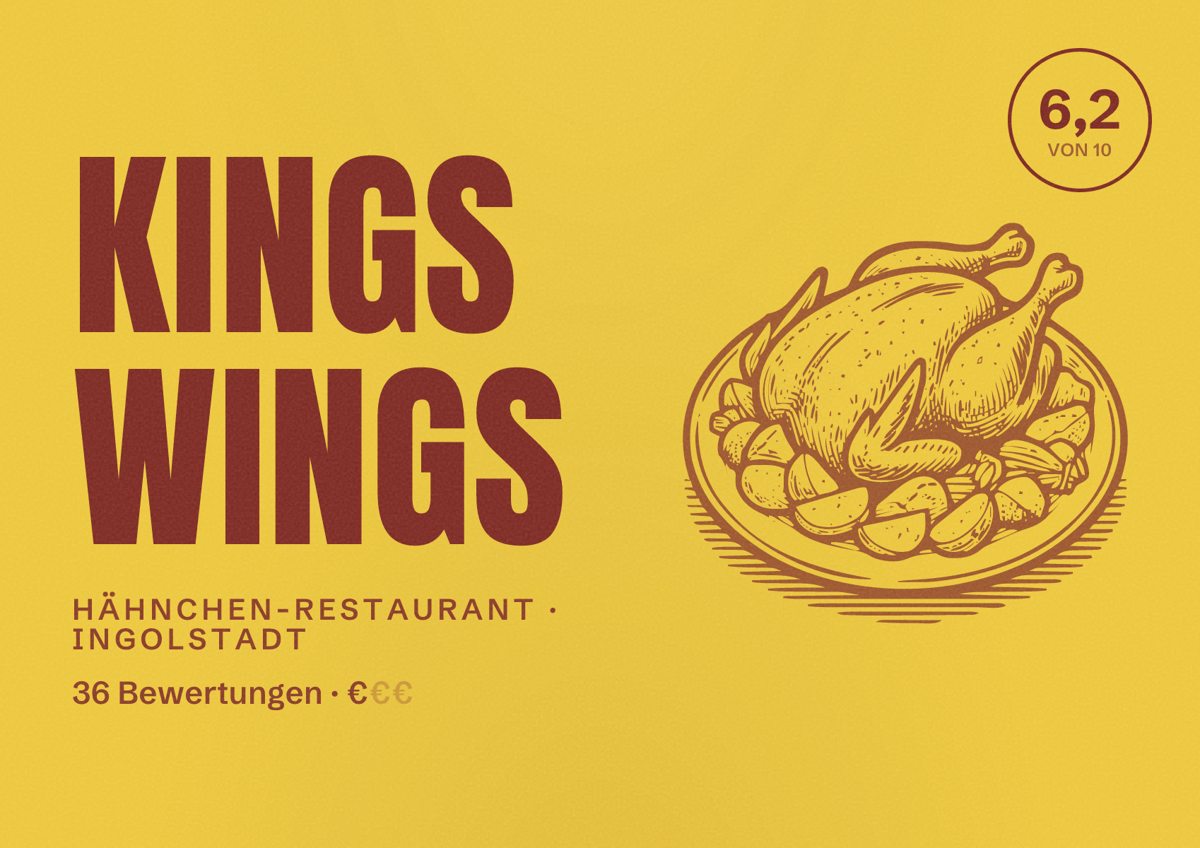 Illustriertes Poster von Kings Wings, Hähnchen-Restaurant in Ingolstadt: Bewertung 6,2 von 10 aus 36 Bewertungen, Preisniveau €