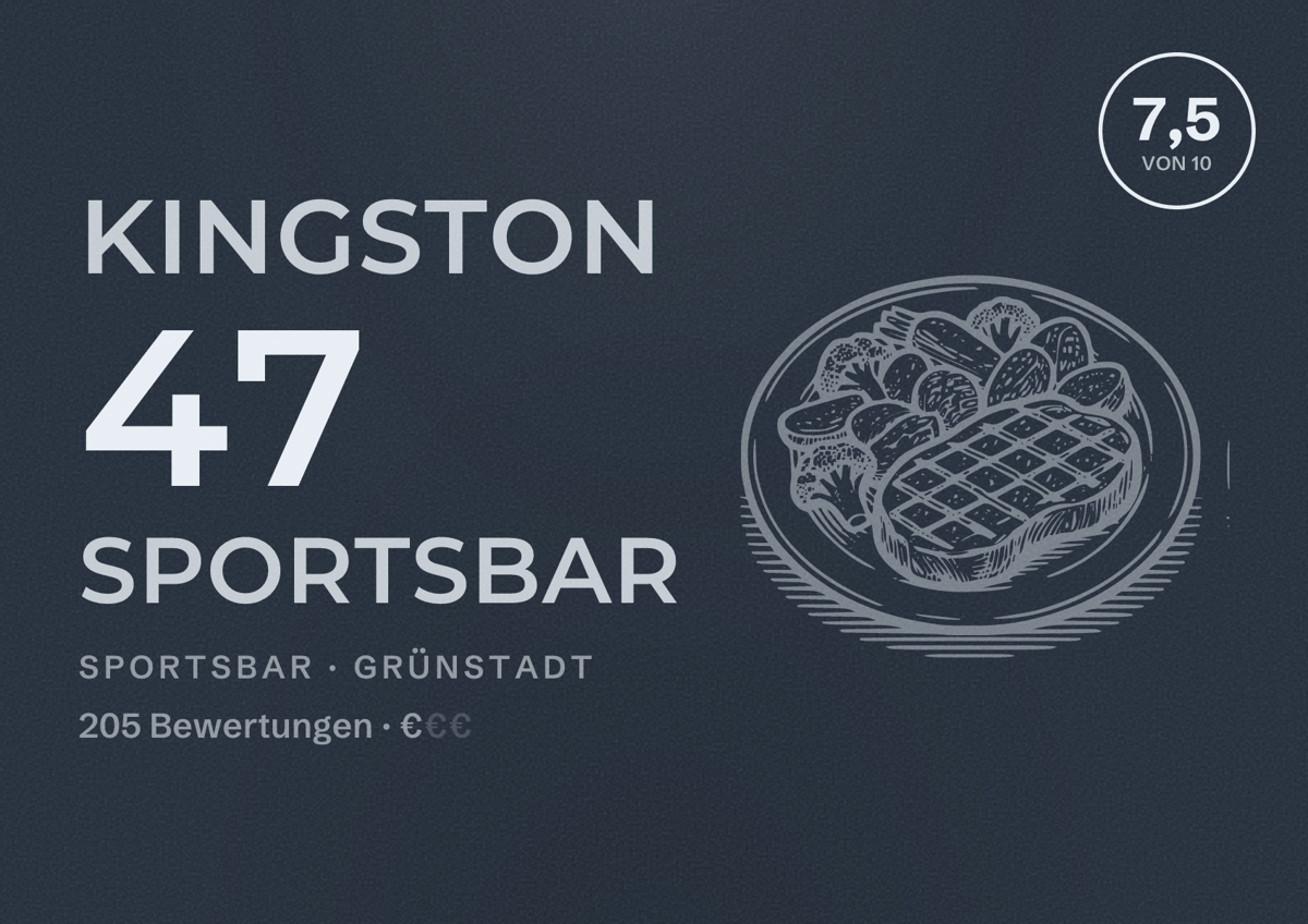 Illustriertes Poster von Kingston 47 Sportsbar, Sportsbar in Grünstadt: Bewertung 7,5 von 10 aus 205 Bewertungen, Preisniveau €