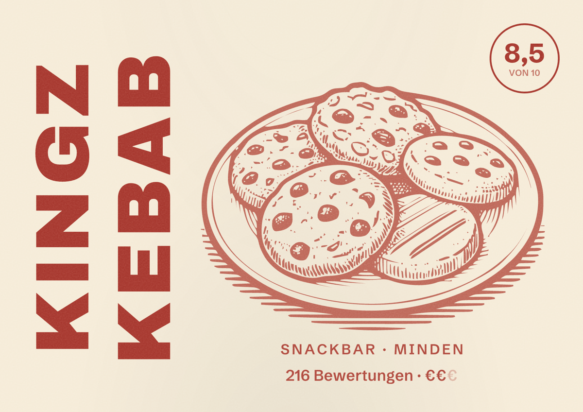 Illustriertes Poster von Kingz Kebab, Snackbar in Minden: Bewertung 8,5 von 10 aus 216 Bewertungen, Preisniveau €€