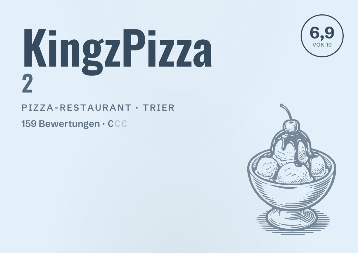 Illustriertes Poster von KingzPizza 2, Pizza-Restaurant in Trier: Bewertung 6,9 von 10 aus 159 Bewertungen, Preisniveau €
