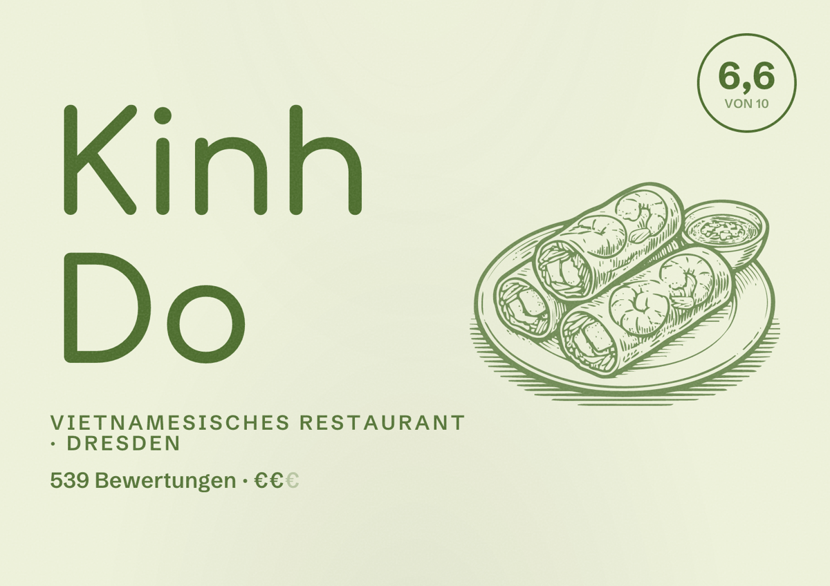 Illustriertes Poster von Kinh Do, Vietnamesisches Restaurant in Dresden: Bewertung 6,6 von 10 aus 539 Bewertungen, Preisniveau €€