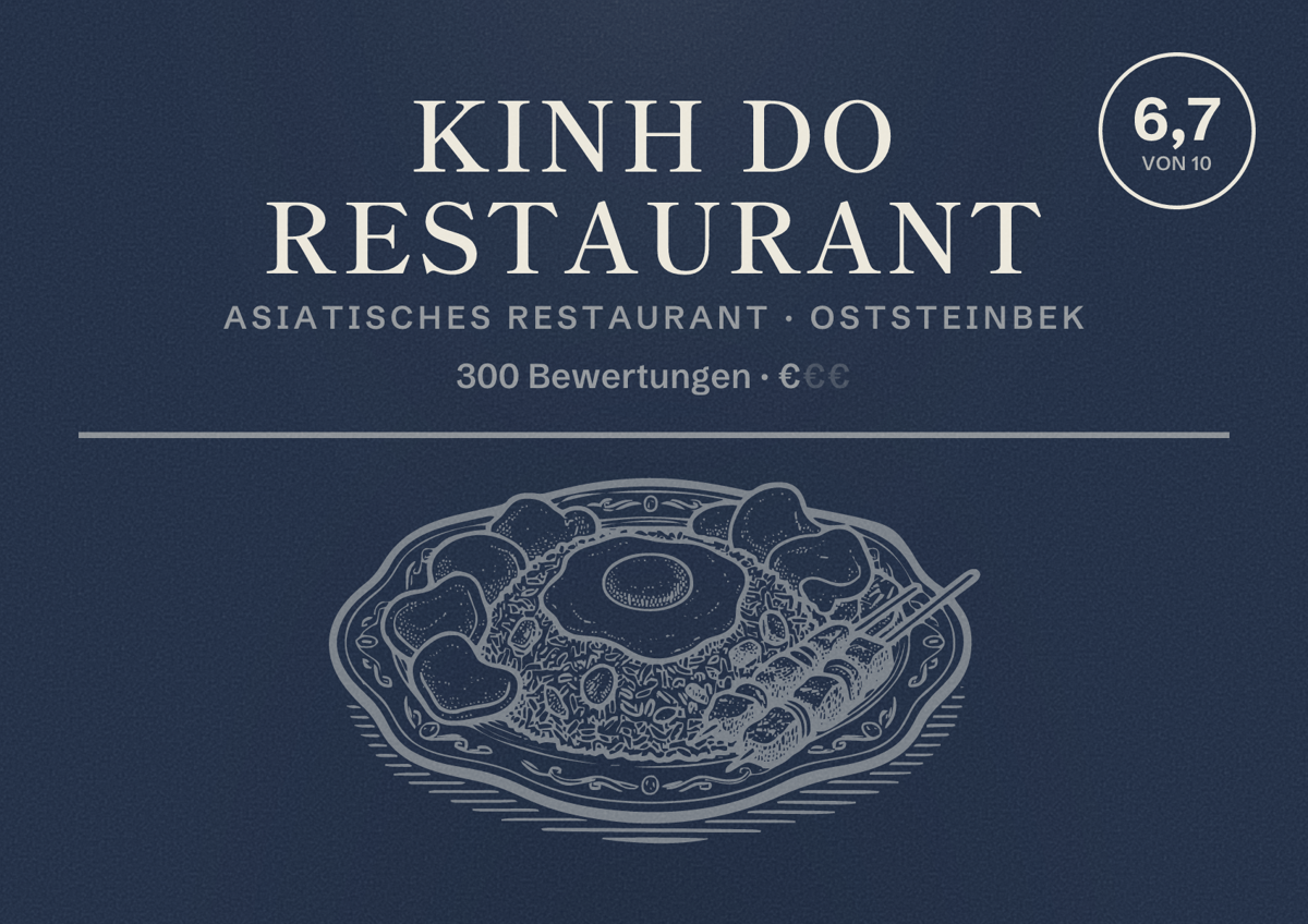 Illustriertes Poster von Kinh Do Restaurant, Asiatisches Restaurant in Oststeinbek: Bewertung 6,7 von 10 aus 300 Bewertungen, Preisniveau €