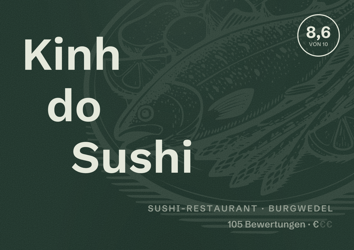 Illustriertes Poster von Kinh do Sushi, Sushi-Restaurant in Burgwedel: Bewertung 8,6 von 10 aus 105 Bewertungen, Preisniveau €