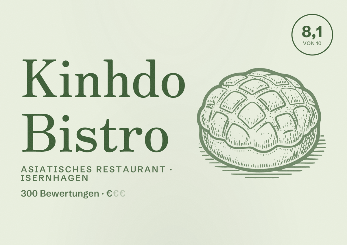 Illustriertes Poster von Kinhdo Bistro, Asiatisches Restaurant in Isernhagen: Bewertung 8,1 von 10 aus 300 Bewertungen, Preisniveau €