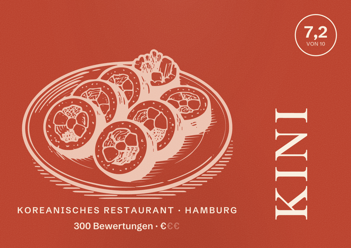 Illustriertes Poster von kini, Koreanisches Restaurant in Hamburg: Bewertung 7,2 von 10 aus 300 Bewertungen, Preisniveau €