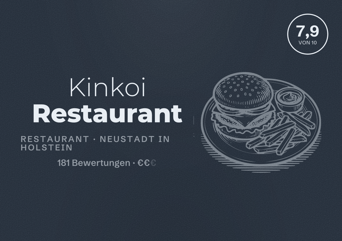 Illustriertes Poster von Kinkoi Restaurant, Restaurant in Neustadt in Holstein: Bewertung 7,9 von 10 aus 181 Bewertungen, Preisniveau €€