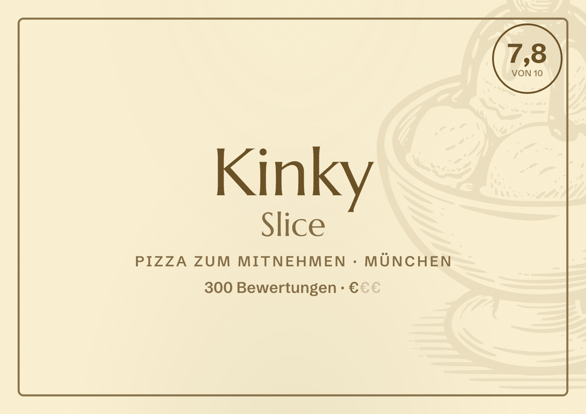 Illustriertes Poster von Kinky Slice, Pizza zum Mitnehmen in München: Bewertung 7,8 von 10 aus 300 Bewertungen, Preisniveau €