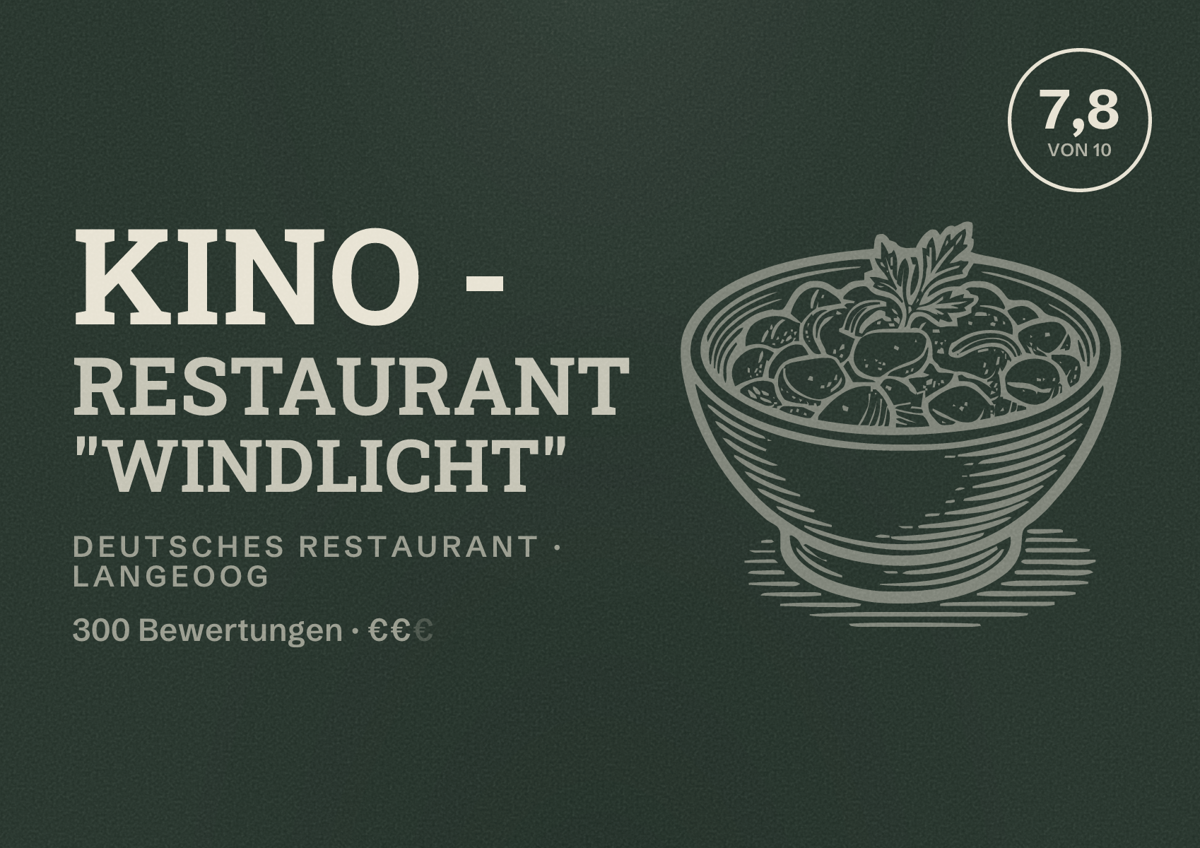 Illustriertes Poster von Kino - Restaurant "Windlicht", Deutsches Restaurant in Langeoog: Bewertung 7,8 von 10 aus 300 Bewertungen, Preisniveau €€