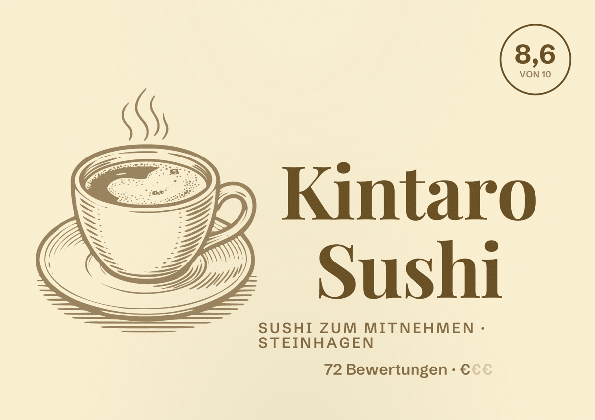 Illustriertes Poster von Kintaro Sushi, Sushi zum Mitnehmen in Steinhagen: Bewertung 8,6 von 10 aus 72 Bewertungen, Preisniveau €
