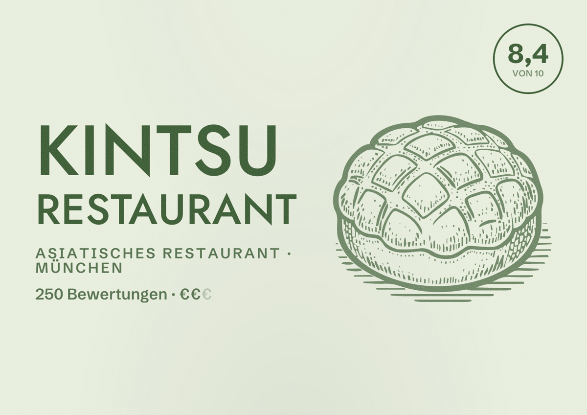 Illustriertes Poster von Kintsu Restaurant, Asiatisches Restaurant in München: Bewertung 8,4 von 10 aus 250 Bewertungen, Preisniveau €€
