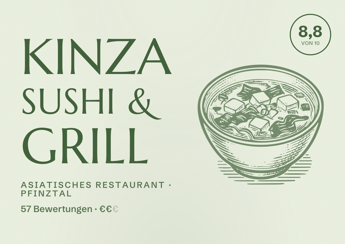 Illustriertes Poster von Kinza Sushi & Grill, Asiatisches Restaurant in Pfinztal: Bewertung 8,8 von 10 aus 57 Bewertungen, Preisniveau €€