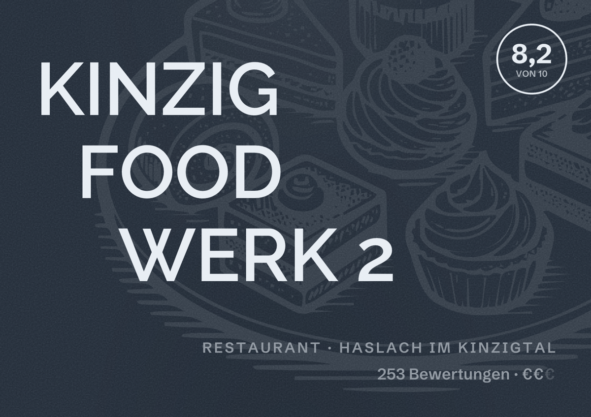 Illustriertes Poster von KINZIG FOOD WERK 2, Restaurant in Haslach im Kinzigtal: Bewertung 8,2 von 10 aus 253 Bewertungen, Preisniveau €€